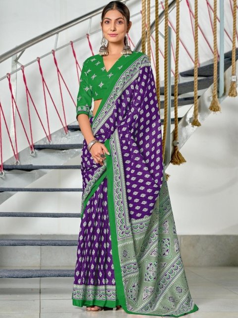 Mandara Purple Cotton Blend Printed Sarees
