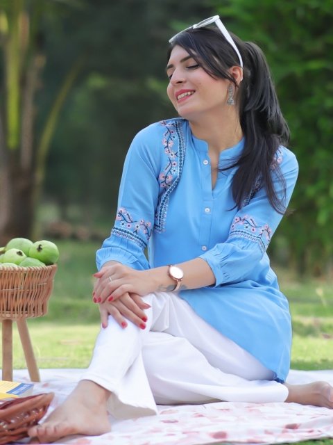 Nakshatra Women Light Blue Viscose Rayon Embroidered A-line Short Kurti
