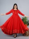 KALINI Women Red Ethnic Motifs Embroidered Keyhole Neck Anarkali Kurta