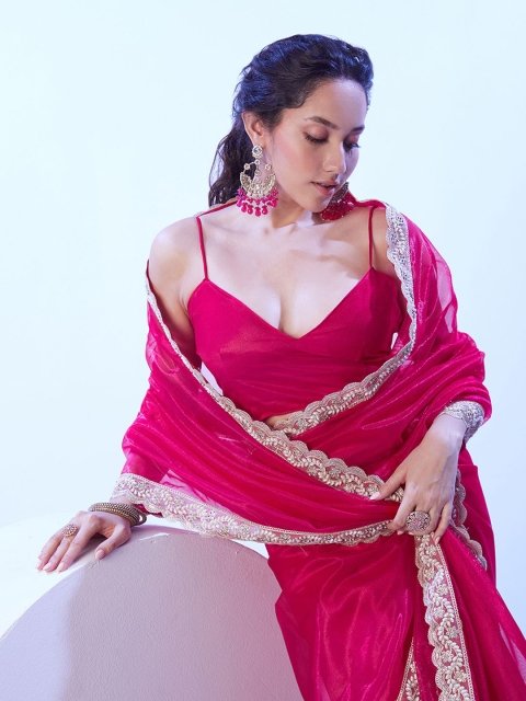 Kalista Embellished Beads and Stones Satin Saree