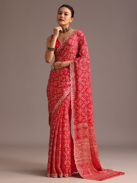 KALKI Fashion Ajrak Block Printed Mirror Work Saree