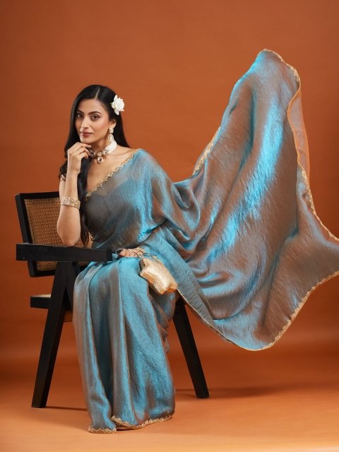 kasee Solid Embellished Beads and Stones Silk Blend Saree - Image 4