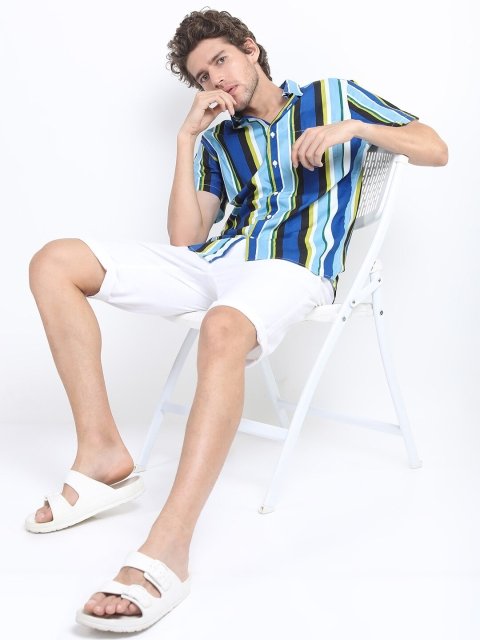 New Men Blue Slim Fit Striped Casual Shirt