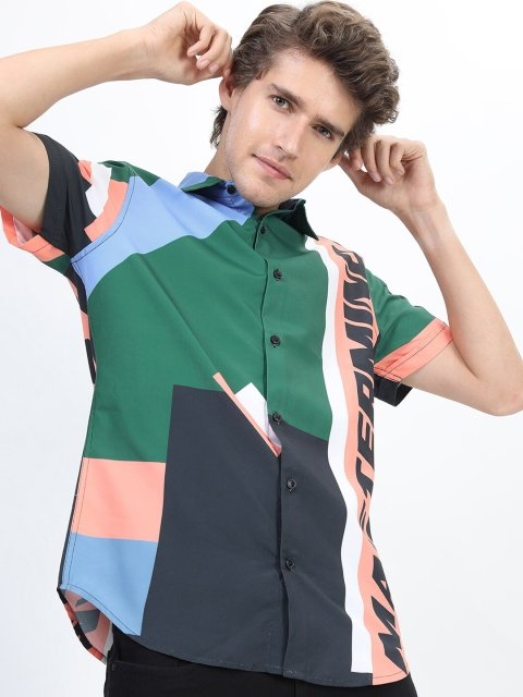 New Men Green Slim Fit Colourblocked Casual Shirt