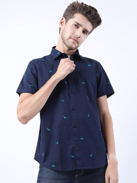 New Men Navy Blue Slim Fit Printed Casual Shirt