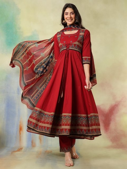 MANDARA Ethnic Motifs Printed Pure Cotton Anarkali Kurta With Trousers And Dupatta