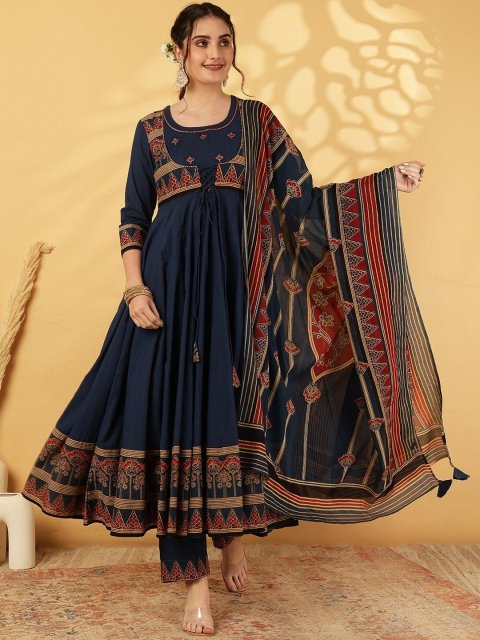 MANDARA Ethnic Motifs Printed Round Neck Cotton Anarkali Kurta With Trousers & Dupatta