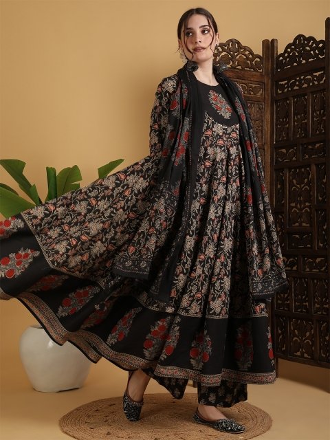 MANDARA Floral Printed Anarkali Pure Cotton Kurta With Palazzos And Dupatta