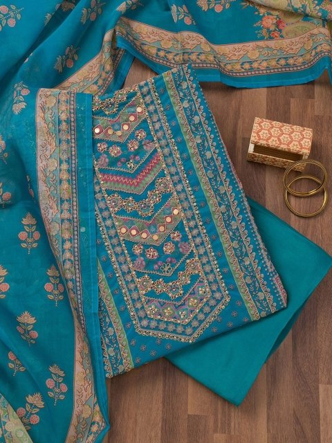 MANDARA Floral Printed Sequinned Unstitched Dress Material