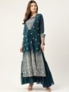 Kvsfab Women Teal Green & White Embroidered Sequins Tiered Layered Anarkali Kurta