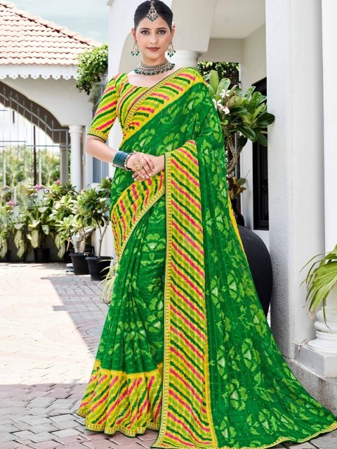 Mandara Embellished Floral & Strips Printed Saree