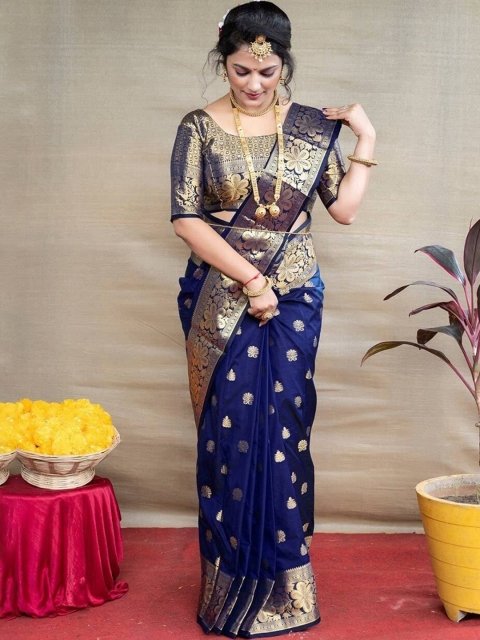 Mandara Fashion Ethnic Motifs Woven Design Zari Pure Silk Banarasi Saree - Image 3