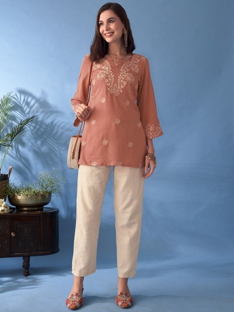 MANDARA Floral Embroidered Notch Neck Straight Kurti - Image 3