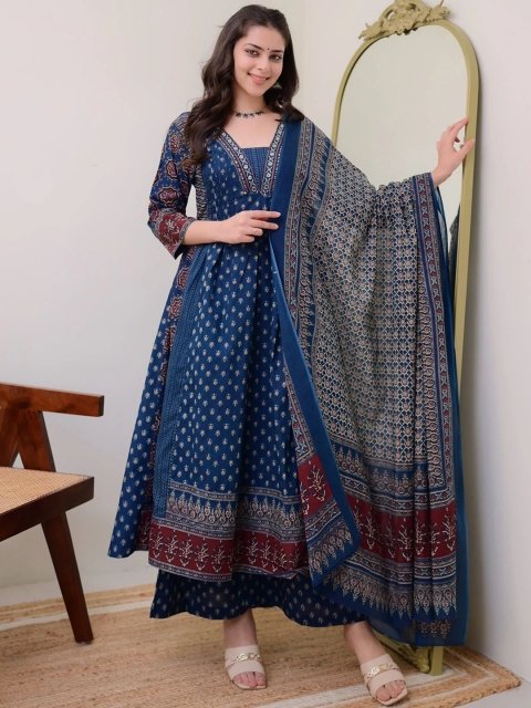 MANDARA Floral Printed V Neck Anarkali Kurta With Trousers & Dupatta - Image 3