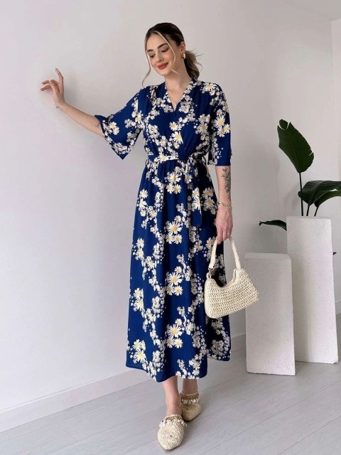 MANOJAVA Women Cotton Floral Printed Wrap Midi Dress