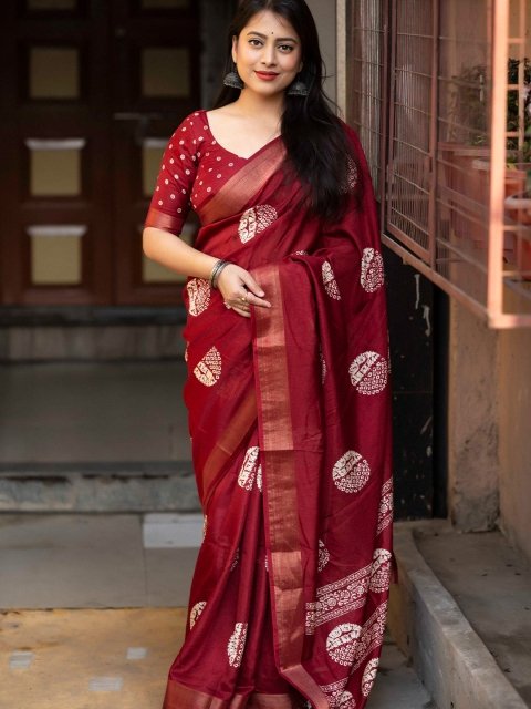 Mandara Batik Abstract Printed Cotton Zari Saree