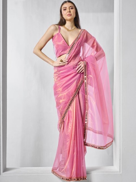 Mandara Beads and Stones Mirror Work Organza Saree