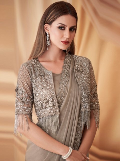 Mandara Beads & Stones Embellished Pure Georgette Saree with Jacket with Blouse - Image 4
