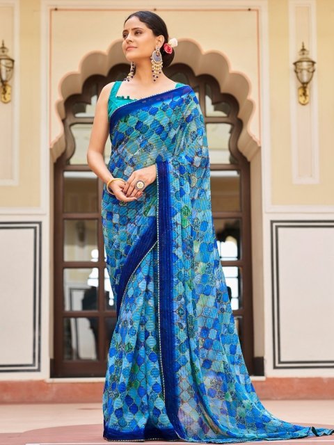 Mandara Blue & White Geometric Printed Sequinned Pure Georgette Designer Saree