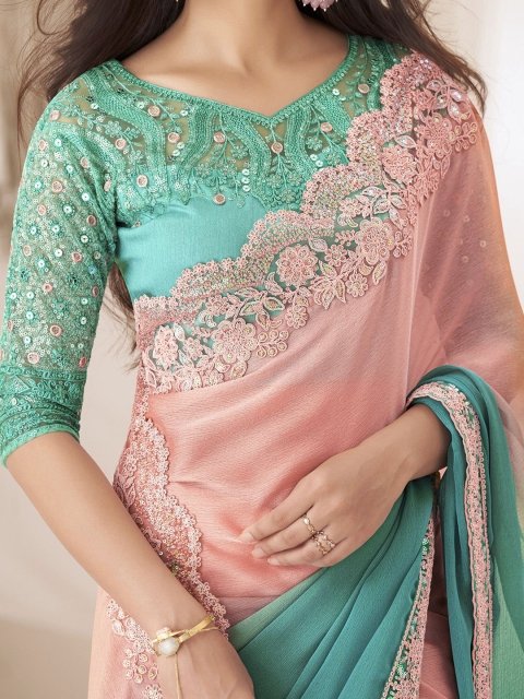 Mandara Ombre Sequinned Pure Chiffon Saree - Image 4