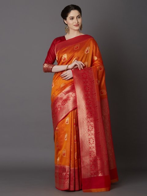 Mandara Orange Silk Blend Woven Design Kanjeevaram Saree