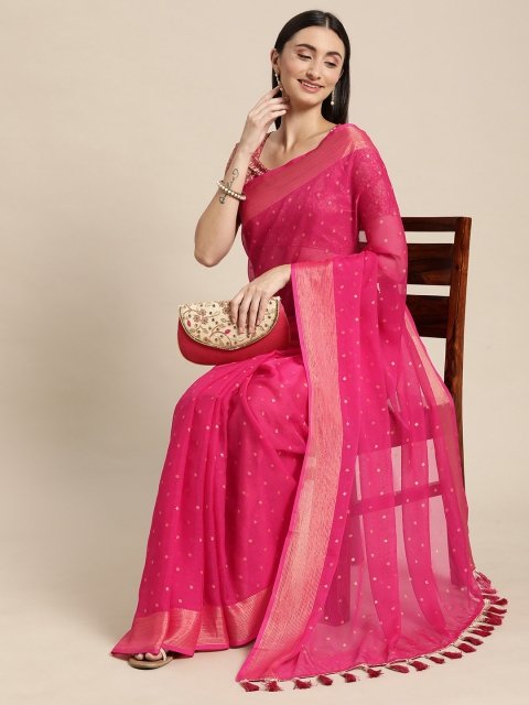 Mandara Pink & Gold-Toned Floral Zari Pure Chiffon Saree