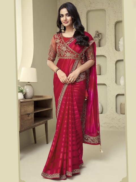 Mandara Pink & Gold-Toned Poly Georgette Saree with Jacket with Blouse