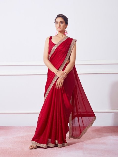 Mandara Red Embellished Beads & Stones Satin Saree