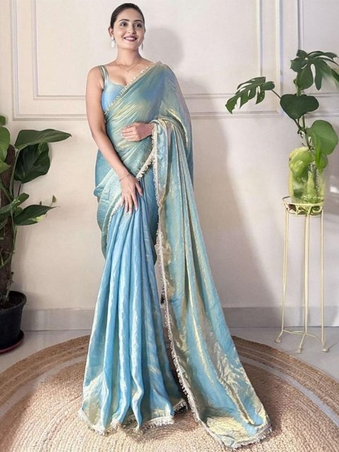 Mandara Sequinned Border Tissue Saree With Unstitched Blouse Piece