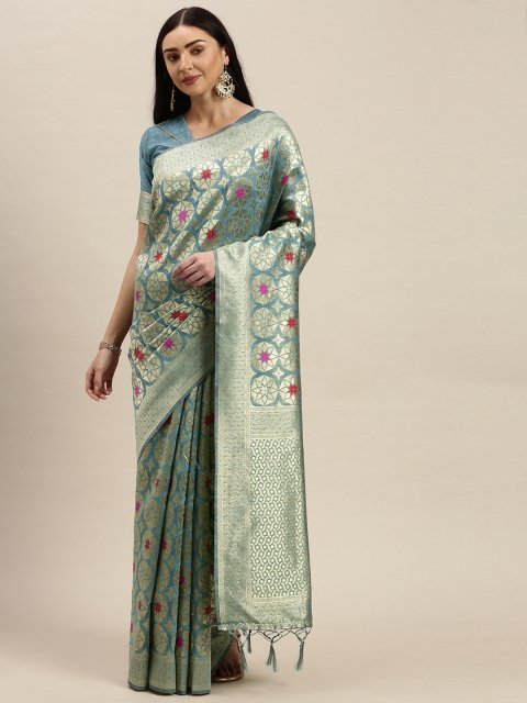 Mandara Teal Blue & Gold-Toned Silk Cotton Woven Design Maheshwari Saree