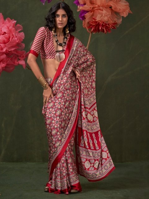 MySilkLove Garnet Red Ajrakh Printed Satin Crepe Silk Saree