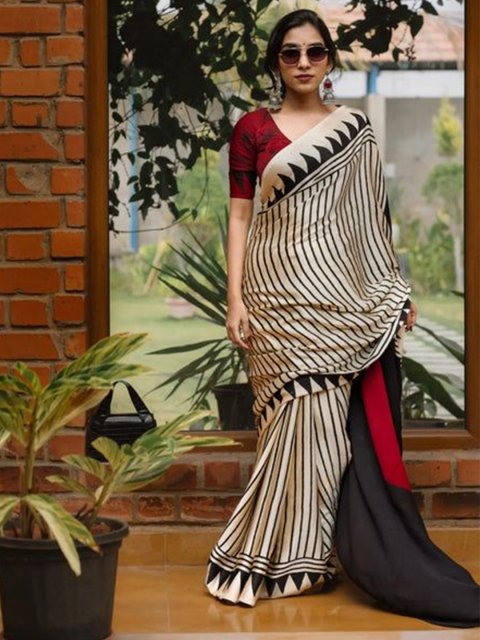 MySilkLove Pearl White and Black Ajrakh Printed Satin Saree