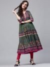 Rain & Rainbow Women Green & Pink Printed Anarkali Kurta