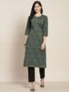 Rain & Rainbow Women Teal & Olive Green Floral Printed Kurta