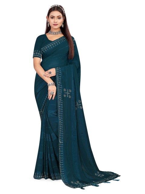 RANGRASIYA Striped Embellished Beads and Stones Saree