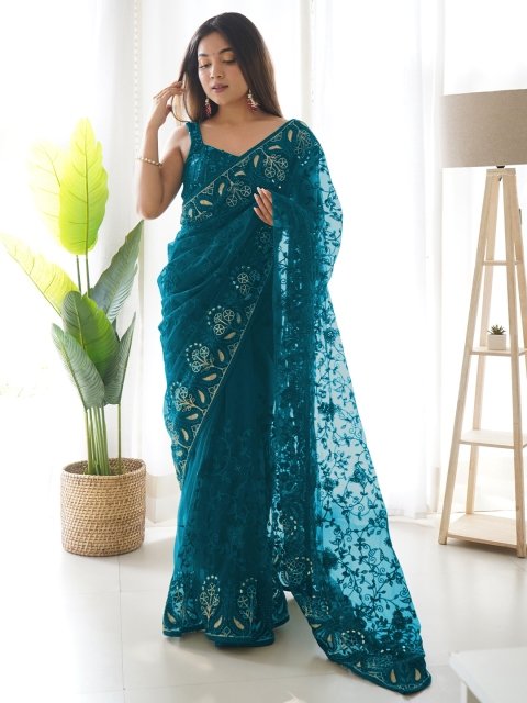 RV CREATION Embellished Mirror Work Net Saree