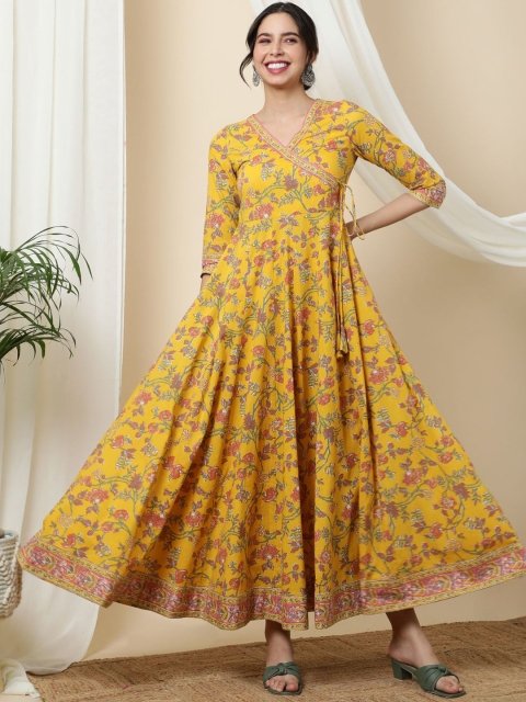 Sa Rasa Floral Printed V-Neck Tie-Up Fit and Flare Cotton Ethnic Dress