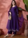 Sangria Floral Embroidered V-Neck A-Line Kurta With Trousers & Dupatta
