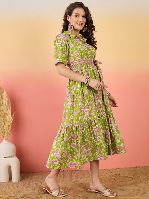 Sangria Floral Printed Pure Cotton Tiered Maxi Dress - Image 3