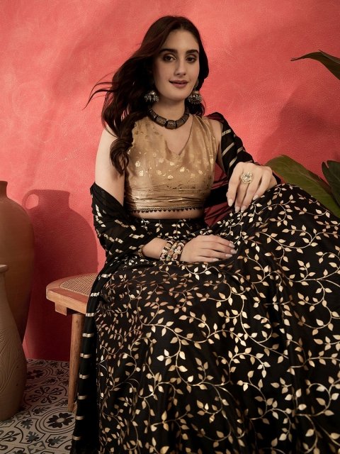 Nakshatra Foil Printed V-Neck Sleeveless Lehenga With Choli & Dupatta