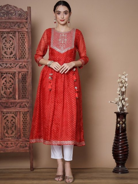 Nakshtra Leheriya Printed Gotta Patti Round Neck Anarkali Kurtas