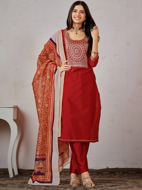 Sangria Red Ethnic Motifs Yoke Design Gotta Patti Art Silk Kurta With Trouser & Dupatta - Image 3