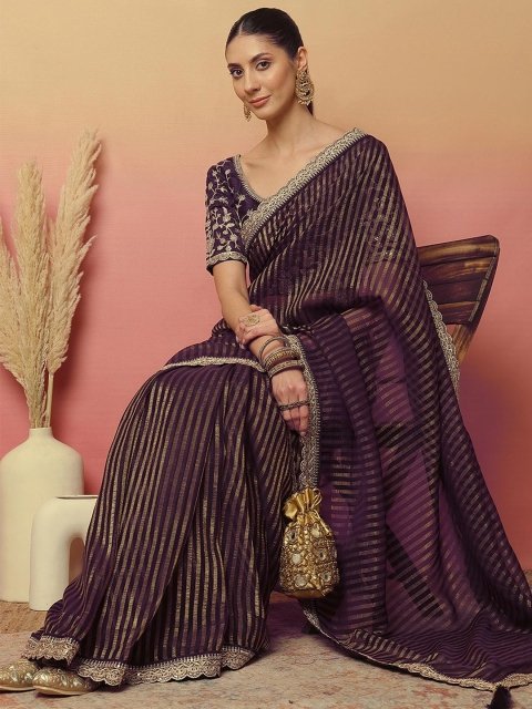 Mandara Striped Print Designer Saree With Blouse Piece