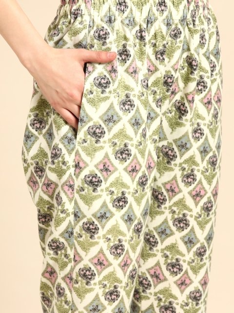 Sangria Women Off White Ethnic Motifs Regular Beads and Stones Kurta with Trousers - Image 3