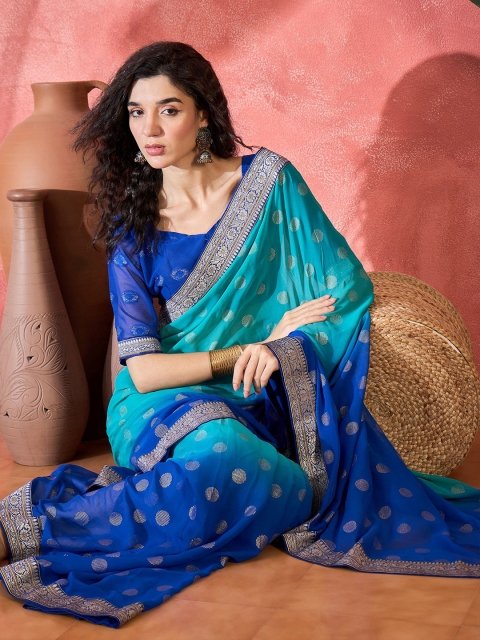 Mandara Women Polka Dots Printed Woven Design Saree With Blouse