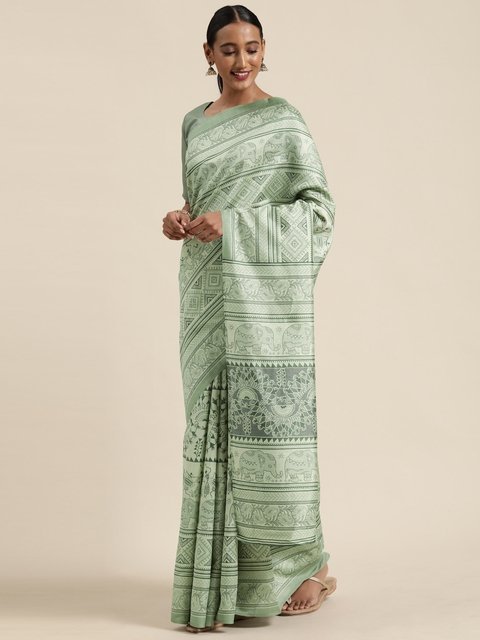 Saree mall Women Sea Green & Green Art Silk Printed Bagru Saree