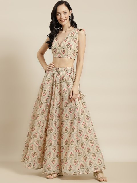 Nakshatra Beige & Pink Printed Ready to Wear Lehenga
