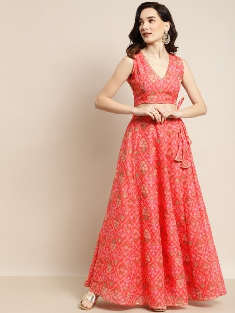 Nakshatra Peach-Coloured & Olive Green Printed Fusion Lehenga Choli