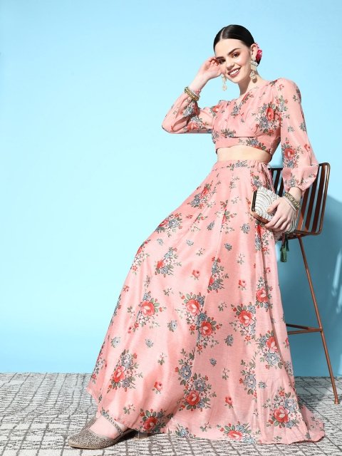 Nakshatra Women Peach-Coloured & Red Printed Ready to Wear Lehenga Choli