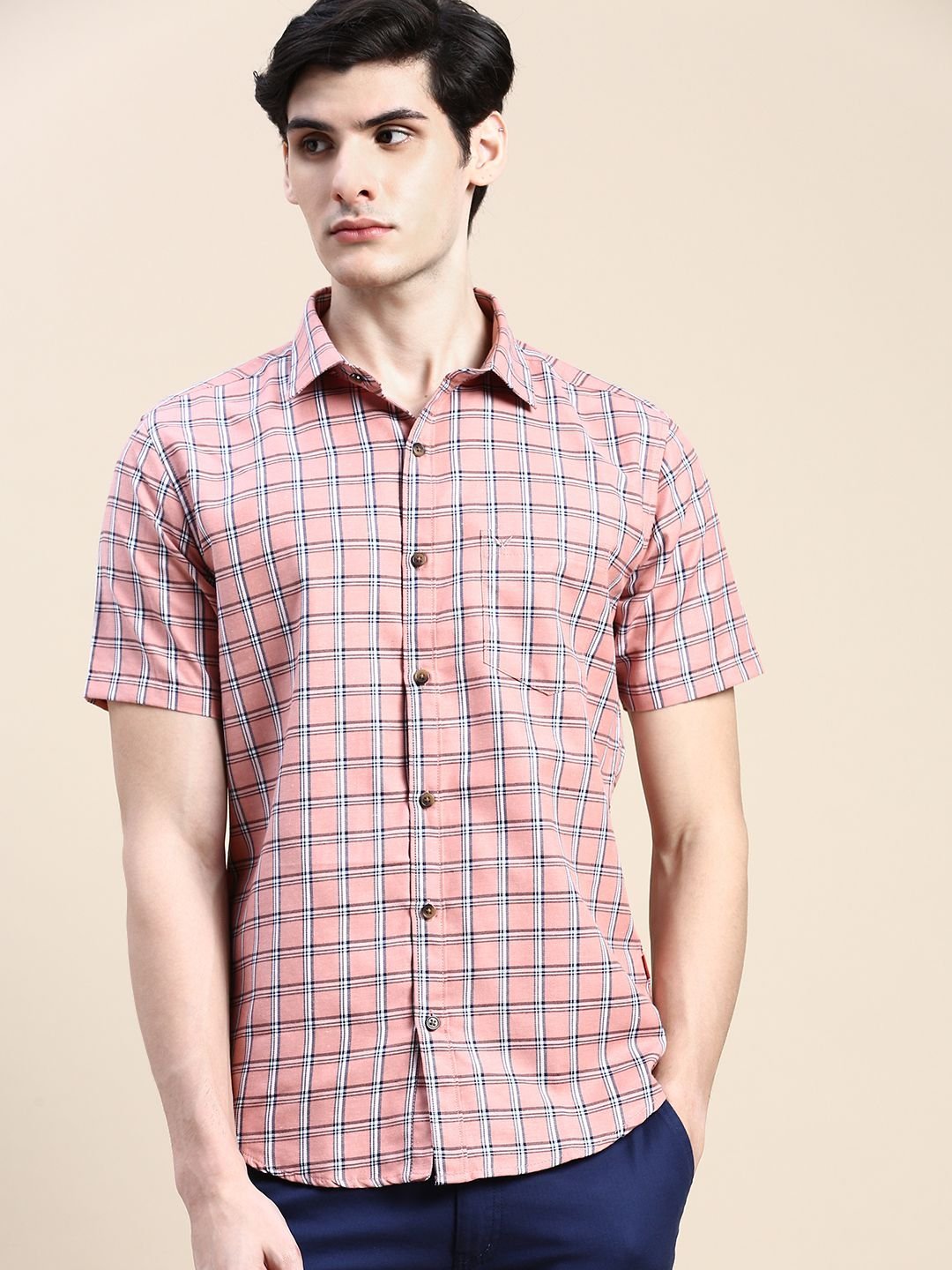 Showoff Cotton Blend Regular Fit Checks Half Sleeves Men's Casual Shirt - Pink ( Pack of 1 )
